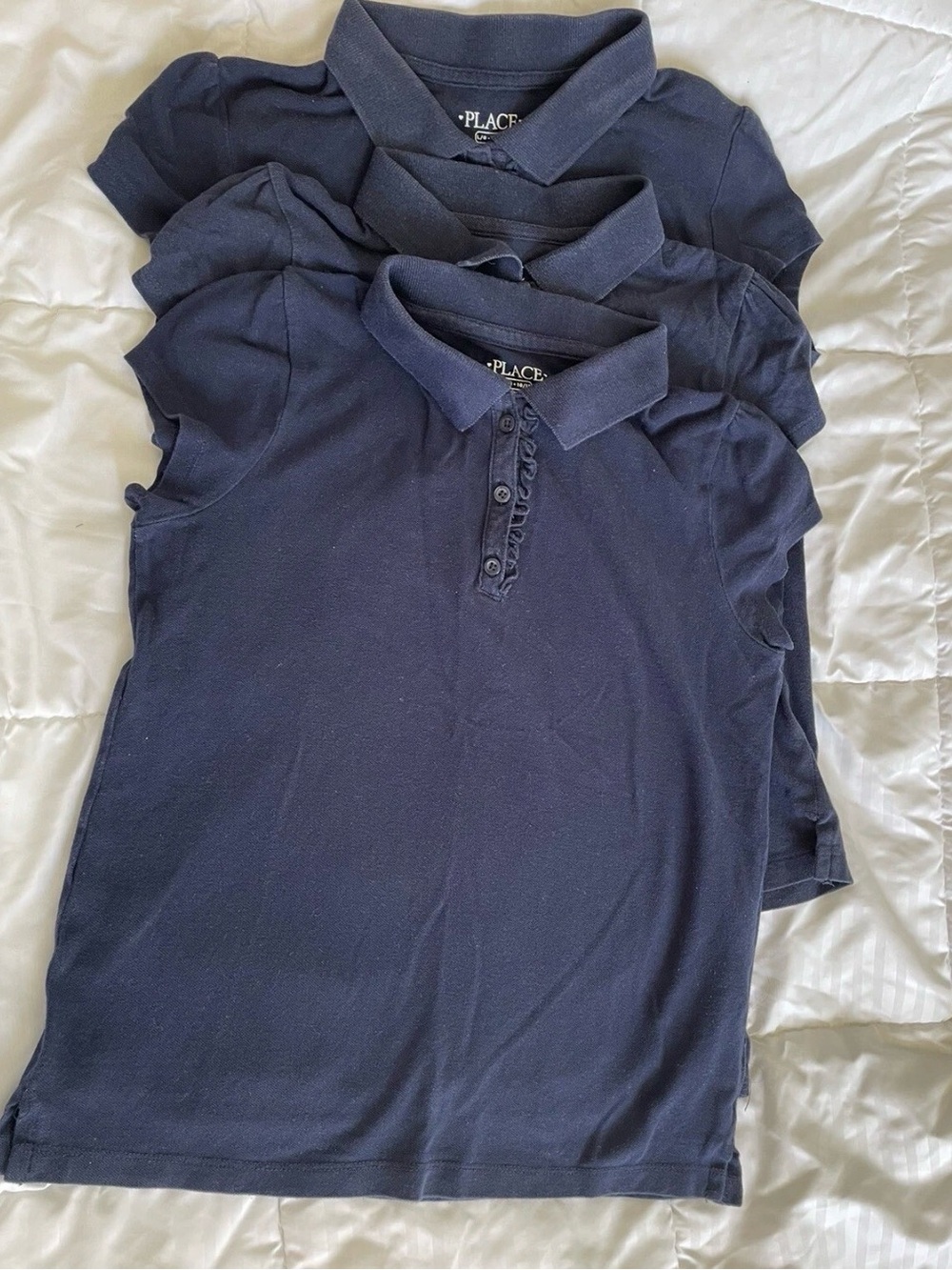 Children’s Place 3 Polo Shirts Girls L 10/12 Tidal Navy Blue Ruffle Uniform